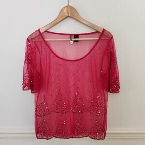 Y2K BKE Boutique Shirt Size Large Womens Pink Sheer Sequin Fairy WhimsiGoth Top